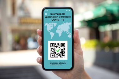 Kadın eli ekranda uluslararası aşı sertifikası olan telefonu tutuyor. 