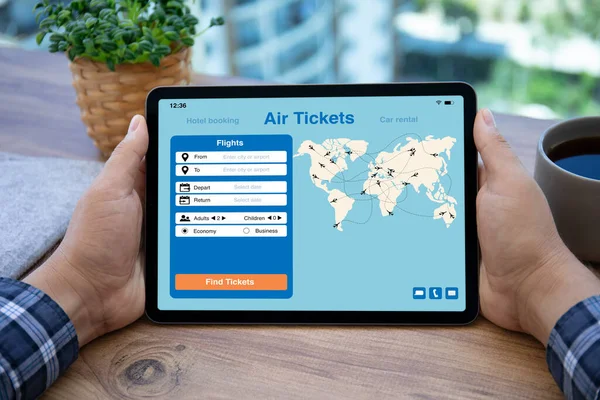 Male Hands Holding Computer Tablet Application Searching Air Tickets Screen — Stock Photo, Image