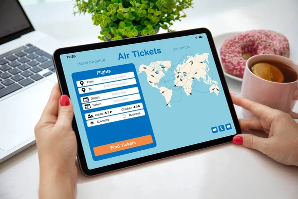 Female Hands Holding Computer Tablet Application Searching Air Tickets Screen — Stock Photo, Image