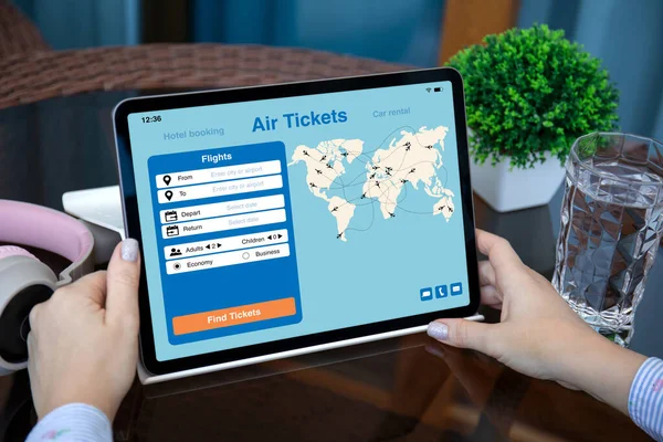 Female Hands Holding Computer Tablet Application Searching Air Tickets Screen — Stock Photo, Image