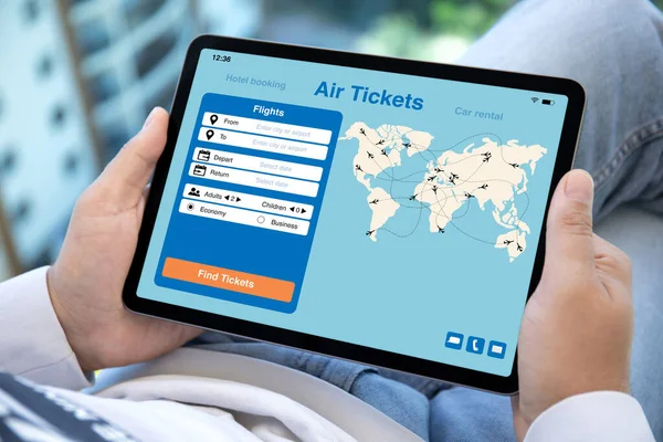 Male Hands Holding Computer Tablet Application Searching Air Tickets Screen — Stock Photo, Image