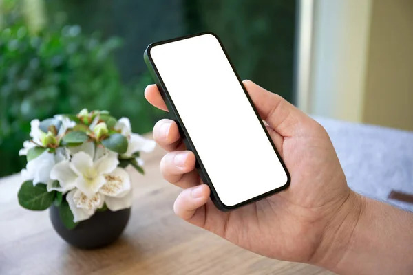 Uomo Mani Telefono Con Schermo Isolato Caffè Verde — Foto Stock