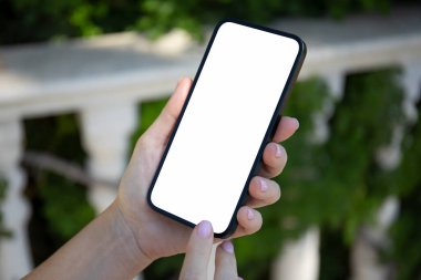 Yeşil caddenin izole ekran arka planına sahip kadın eller telefonu tutuyor