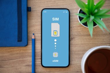 eSim 'de Sim kart değişimli telefon. Ofisteki ekran arkaplan masasında.