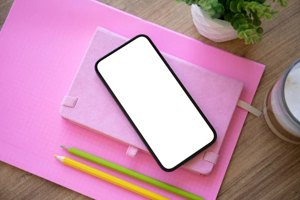 Phone Isolated Screen Background Table Pink Notepads Cafe — Stock Photo, Image