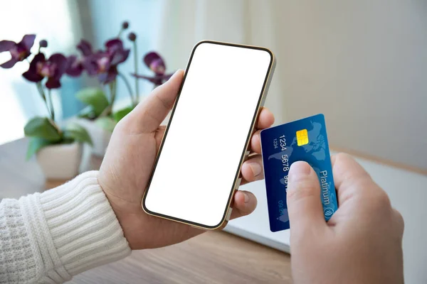 Man Hands Holding Phone Isolated Screen Plastic Card Table — Stock Photo, Image