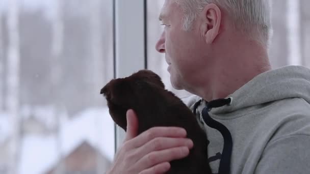 Um homem idoso e seu gato olham pela janela — Vídeo de Stock
