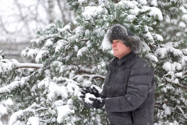 Muž na procházce v parku ve sněhu — Stock fotografie