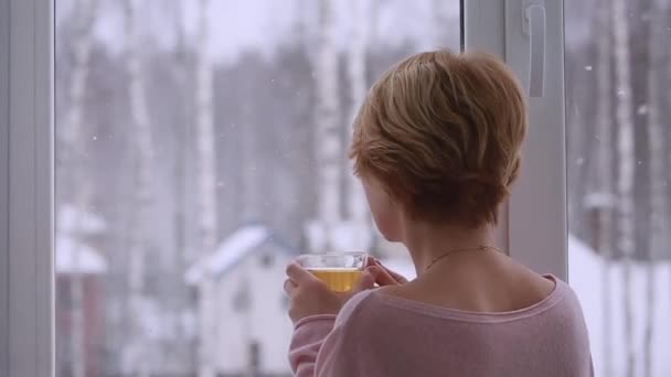 A woman looking out the window in winter — Stockvideo