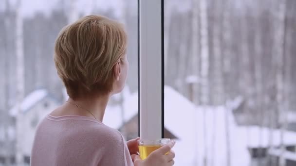 Μια γυναίκα κοιτάζει έξω από το παράθυρο το χειμώνα. — Αρχείο Βίντεο