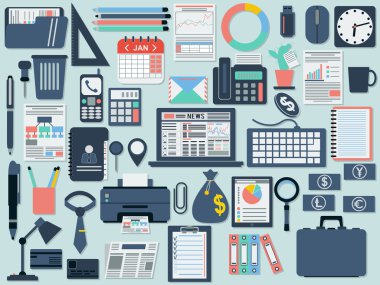 Ofis ve iş düz vektör simgeler