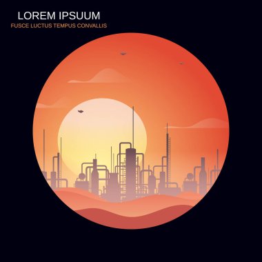 Turuncu günbatımı retro stil arka planında petrol rafinerisi yapımı