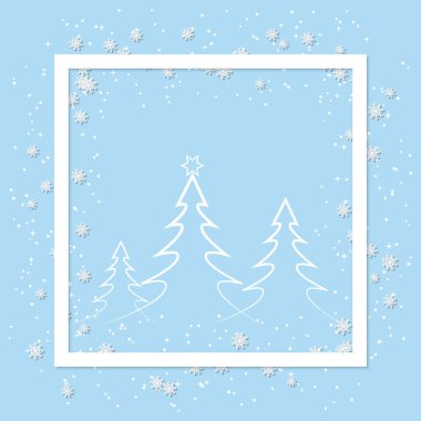 Mavi kış arka planında kar taneleri ve Noel ağaçları var. Vektör çizimi. Beyaz çerçeve