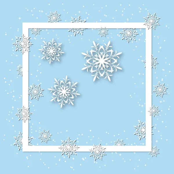 Fond Bleu Hiver Avec Flocons Neige Illustration Vectorielle Cadre Blanc — Image vectorielle