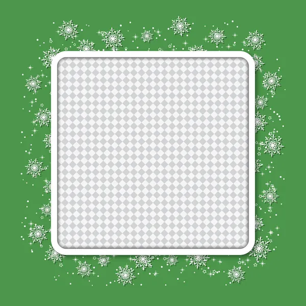 Noël Nouvel Fond Vert Avec Cadre Blanc Étoiles Flocons Neige — Image vectorielle