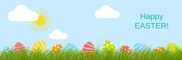 Yeşil Çimlerde Parlak Paskalya Yumurtaları Mavi Gökyüzü Arkaplanı Çizimi Karalama — Stok Vektör