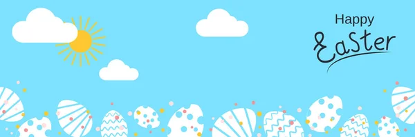 Mavi Gökyüzü Arka Planında Parlak Paskalya Yumurtaları Olan Mutlu Paskalya — Stok Vektör