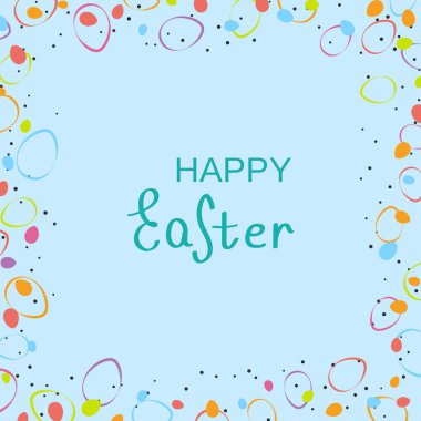 Mavi arka planda parlak Paskalya yumurtaları olan mutlu paskalya kartları, el çizimi karalama tarzı. vektör illüstrasyonu