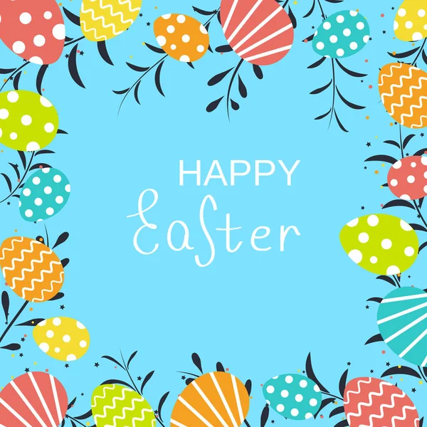 Mutlu Paskalya Kartları Parlak Paskalya Yumurtaları Mavi Arka Planda Yapraklar — Stok Vektör