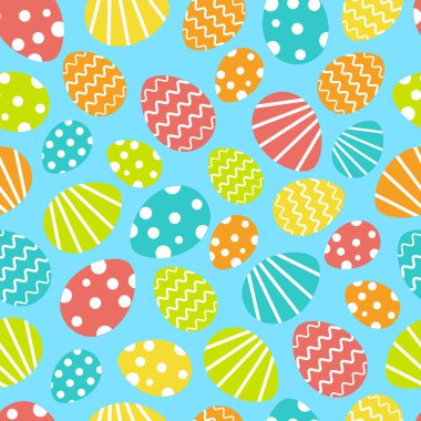 Mutlu Paskalya karikatürü stili vektör çizimleri. Renkli yumurtalarla açık mavi arkaplan