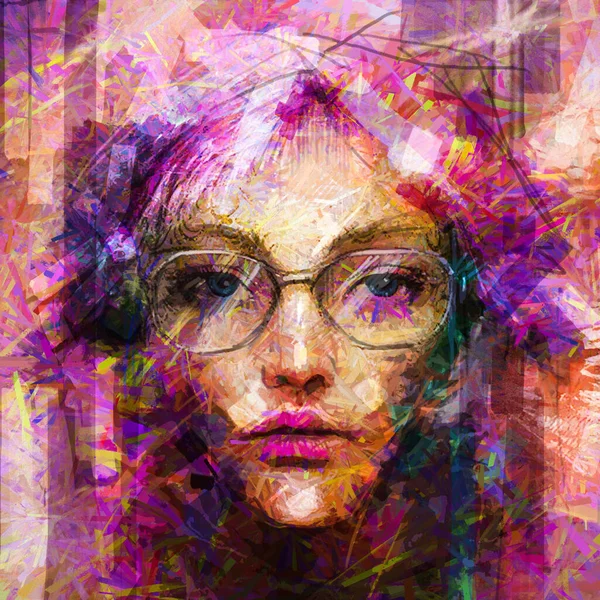 Oil Acrylic Paint Canvas Texture Abstract Color Portrait Young Woman — Stock Photo, Image