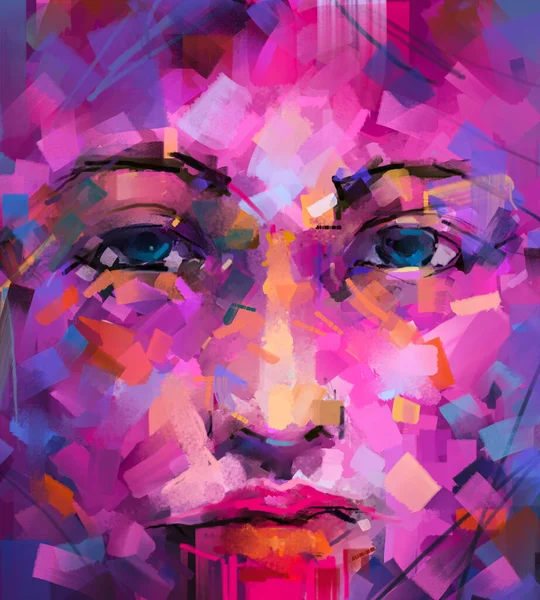 Olieverf Acrylverf Canvas Textuur Abstract Kleurenportret Van Jonge Vrouw Moderne — Stockfoto