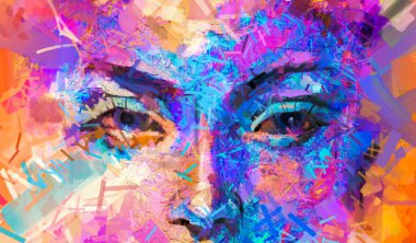 Tuval dokusunda yağ ya da akrilik boya. Genç bir kadının soyut renkli portresi. Modern sanat, yağlı boya, renkli kadın yüzü. Arkaplan için resim çizimi tasarımı, izlenimcilik tarzı