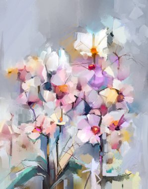 Modern soyut sanat, yağlı boya dokusu mavi, pembe, sarı, kırmızı fırça darbesi. Duvar kağıtları için bahar, yaz çiçeği doğası. Dekorasyon arka planı için resim çizimi çiçek tasarımı