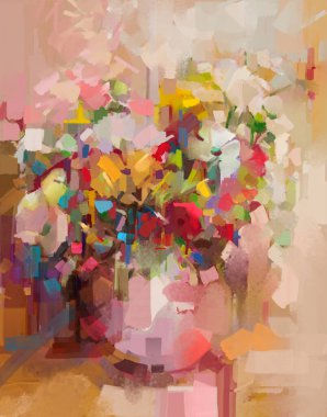 Yağlı boya, soyut sanat, renkli buket çiçekleri ve vazolu yeşil yaprak. İllüzyon hala bahar hayatı, yaz çiçeği. Dekorasyon güzel çiçek. Doğa arkaplanı için resim tasarımı