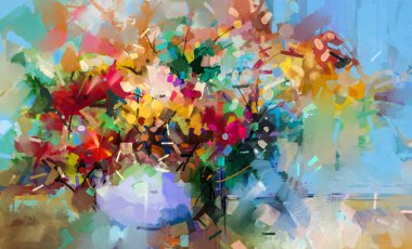 Yağlı boya, soyut sanat, renkli buket çiçekleri ve vazolu yeşil yaprak. İllüzyon hala bahar hayatı, yaz çiçeği. Dekorasyon güzel çiçek. Doğa arkaplanı için resim tasarımı