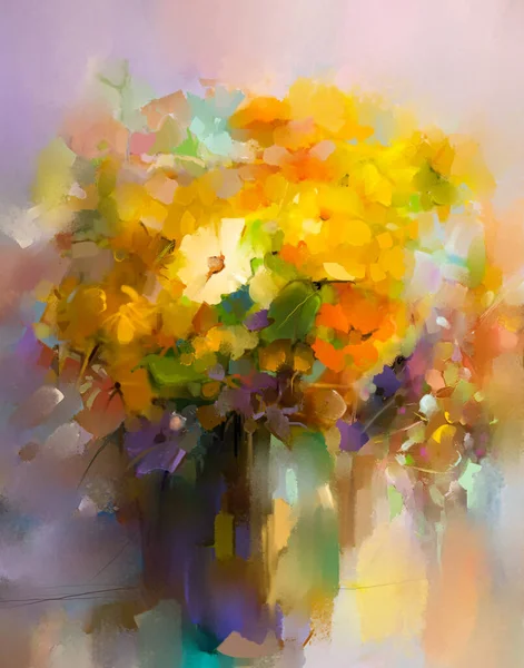 Obraz Olejny Abstrakcyjny Sztuki Kolorowe Kwiaty Bukiet Zielony Liść Wazonem — Zdjęcie stockowe