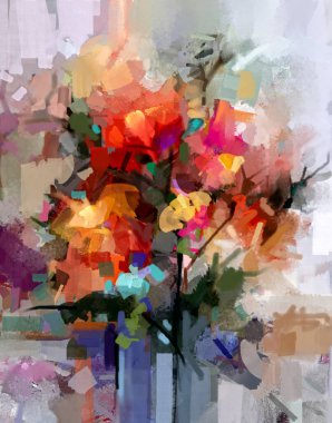 Yağlı boya, soyut sanat, renkli buket çiçekleri ve vazolu yeşil yaprak. İllüzyon hala bahar hayatı, yaz çiçeği. Dekorasyon güzel çiçek. Doğa arkaplanı için resim tasarımı