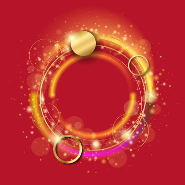 Vektör lüksü, altın çizginin soyut ışık efekti. Parlak, pırıl pırıl altın bir halka. Simli grafiksel tasarım, kırmızı arkaplan üzerinde işaret fişeği ve kıvılcım
