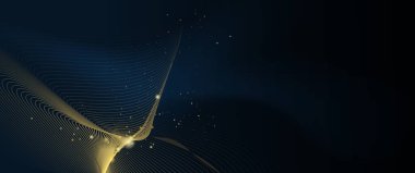 Altın işlemeli vektör soyut sanat, dalga çizgisi deseni, parlak ışık, koyu renk arkaplan deseni. İllüstrasyon lüksü, duvar kağıdı ve afiş için modern grafik tasarımı. Gelecekçi teknoloji konsepti