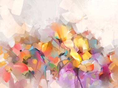 Modern soyut sanat, yağlı boya dokusu mavi, pembe, sarı, kırmızı fırça darbesi. Duvar kağıtları için bahar, yaz çiçeği doğası. Dekorasyon arka planı için resim çizimi çiçek tasarımı