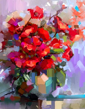 Yağlı boya, soyut sanat, renkli buket çiçekleri ve vazolu yeşil yaprak. İllüzyon hala bahar hayatı, yaz çiçeği. Dekorasyon güzel çiçek. Doğa arkaplanı için resim tasarımı