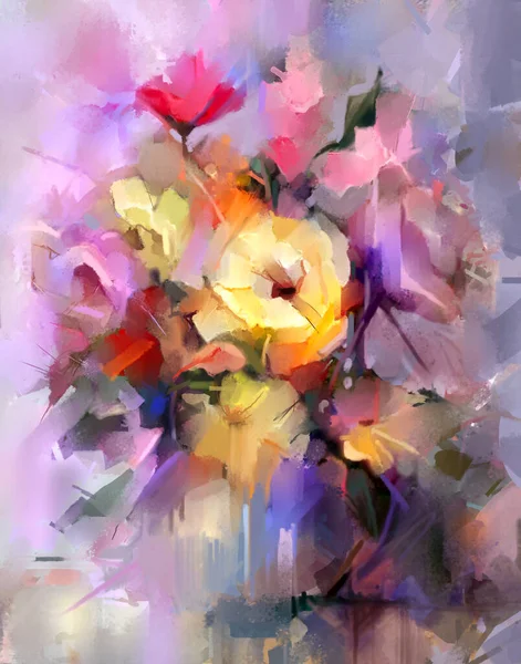 Peinture Huile Art Abstrait Fleurs Bouquet Coloré Feuille Verte Avec — Photo