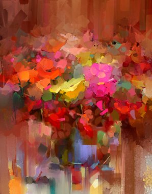 Yağlı boya, soyut sanat, renkli buket çiçekleri ve vazolu yeşil yaprak. İllüzyon hala bahar hayatı, yaz çiçeği. Dekorasyon güzel çiçek. Doğa arkaplanı için resim tasarımı