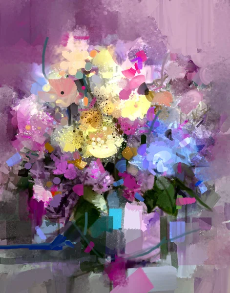 Oil Painting Abstract Art Colorful Bouquet Flowers Green Leaf Vase — Photo