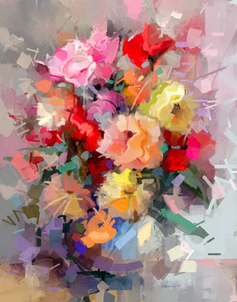 Peinture Huile Art Abstrait Fleurs Bouquet Coloré Feuille Verte Avec — Photo