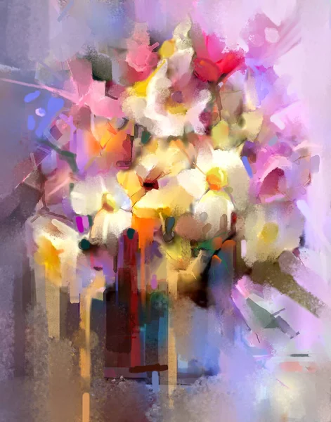 Ölgemälde Abstrakte Kunst Bunte Blumensträuße Und Grünes Blatt Mit Vase — Stockfoto
