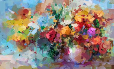 Yağlı boya, soyut sanat, renkli buket çiçekleri ve vazolu yeşil yaprak. İllüzyon hala bahar hayatı, yaz çiçeği. Dekorasyon güzel çiçek. Doğa arkaplanı için resim tasarımı