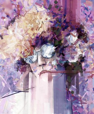 Abstract color paint a portrait in oil painting. Modern art, Portrait of young female model. Fashion illustration artwork, paint lady - woman face design on canvas texture background. Vintage style