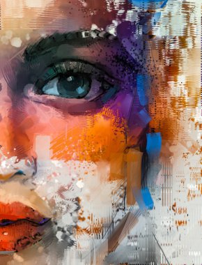 Yağ, akrilik boya. Genç bir kızın soyut renkli portresi. Modern sanat eseri kadın yüzü çiziyor. Sanatçının sanat eserleri. Arkaplan ve ifade biçimi için resimleme renk tasarımı