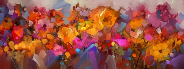 Modern abstract art, oil painting texture with blue, pink, yellow, red color brush stroke. Spring, summer flower nature for wallpaper. Illustration artwork floral design for decoration background