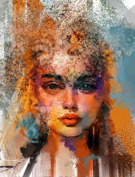 Abstract color paint, portrait of person in oil painting. Modern art, Portrait of young female model. Fashion illustration artwork, paint lady - woman face design on canvas texture background