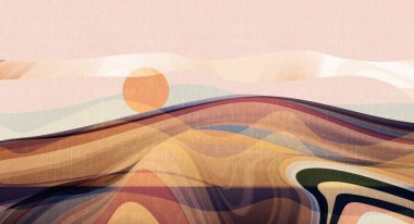 Vektör modern soyut dalga hattı, dinamik şekil ve doku. Minimum tasarım doğa, dağ, tepe, mavi gökyüzü, güneş manzarası. Duvar sanatı, afiş, duvar kağıdı arkaplanı, poster