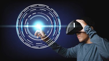 Young man using virtual reality headset. VR, future, technology online digital hi-tech technology design. concept innovation.