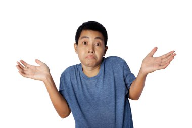 Genç bir adamın portresi, ne bileyim jest yapıyor, beyaz arka planda izole edilmiş bir jest yapıyor..