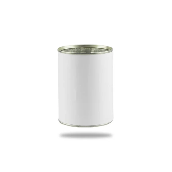 Beyaz Arkaplanda Izole Edilmiş Boş Beyaz Etiketli Teneke Kutu — Stok fotoğraf